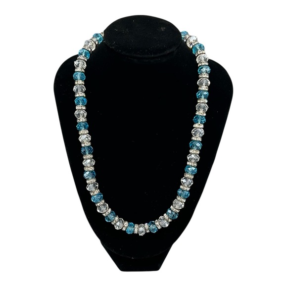 Blue & Clear Faceted Glass Bead Necklace w/ Rhinestone Spacers - Picture 16 of 17